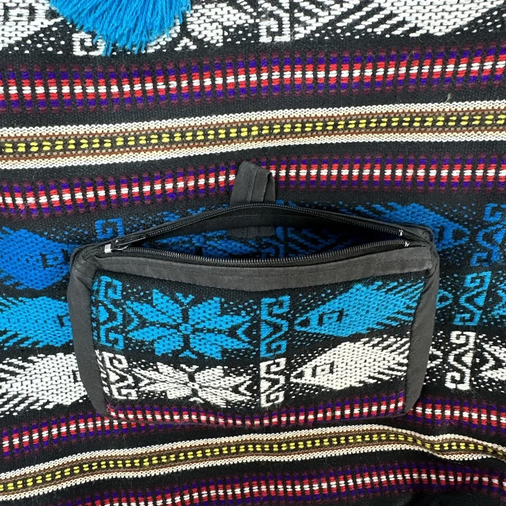 Boho Woven Tribal Aztec Backpack Blue Black Tassel Lined Front Zip Pocket Hippie